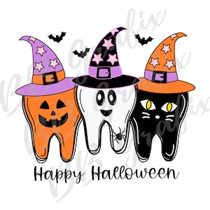 Archivo PNG digital Dentista Feliz Halloween Diente Trío Bruja Calabaza Fantasma Gato Arte Imprimible Tobogán de Agua Diseño de Sublimación DESCARGA INSTANTÁNEA
