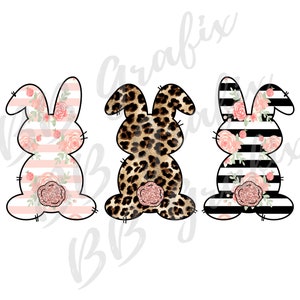 Digital Png File - Bunny Rabbit Trio - Blush Floral, Leopard Cheetah, Stripes Easter Clip Art Sublimation Design - INSTANT DOWNLOAD
