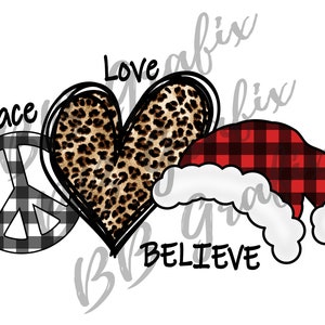 Fichier numérique Png - Peace Love Believe Leopard Buffalo Plaid Noël vacances Santa Hat toboggan sublimation Design TÉLÉCHARGEMENT IMMÉDIAT