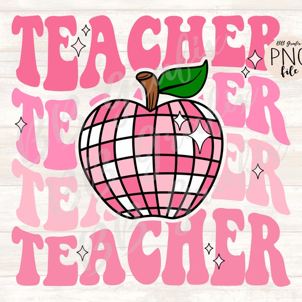 Digital Png File Teacher Disco Apple Retro Stacked Back To School Pink Printable Sublimation Dtf Dtg Waterslide Design INSTANT DOWNLOAD