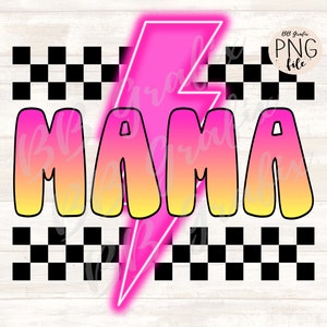 Fichier numérique Png Mama Retro Checker néon éclair imprimable Dtf Dtg fer sur sublimation Design TÉLÉCHARGEMENT IMMÉDIAT