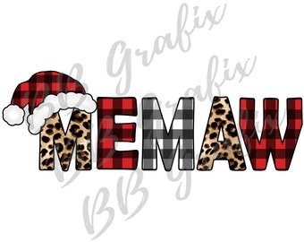 Digital Png File - Memaw - Leopard Buffalo Plaid Christmas Holiday Santa Hat Waterslide Sublimation Design Clip Art INSTANT DOWNLOAD