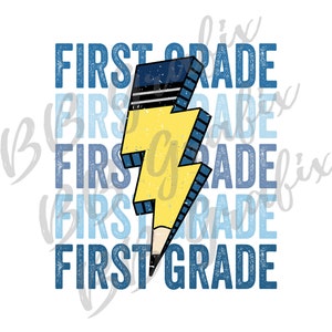Digital Png File First Grade 1 1st Stacked Distressed Pencil Boy Male Bolt Printable Waterslide  Sublimation Design INSTANT DOWNLOAD