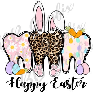 Archivo PNG digital: Dentista, Feliz Pascua, Diente, Trío, Leopardo, Guepardo, Huevo, Conejito, Conejo, Imprimible, Planchado, Sublimación, Diseño, DESCARGA INSTANTÁNEA