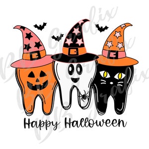 Archivo PNG digital Dentista Feliz Halloween Diente Trío Bruja Calabaza Fantasma Gato Arte Imprimible Tobogán de Agua Diseño de Sublimación DESCARGA INSTANTÁNEA
