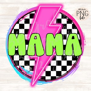 Fichier numérique Png Mama Retro Checker néon éclair imprimable Dtf Dtg fer sur sublimation Design TÉLÉCHARGEMENT IMMÉDIAT