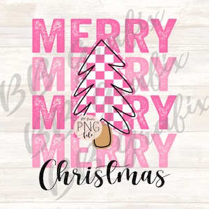 Digital Png File Merry Chirstmas Stacked Distressed Checker Christmas Tree Pink Retro Printable Sublimation Dtf Dtg Design INSTANT DOWNLOAD