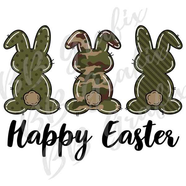 Digital Png File Happy Easter Bunny Rabbit Trio Line of Three Army Green Camo Camouflage Boy Clip Art Sublimation Design - INSTANT DOWNLOAD