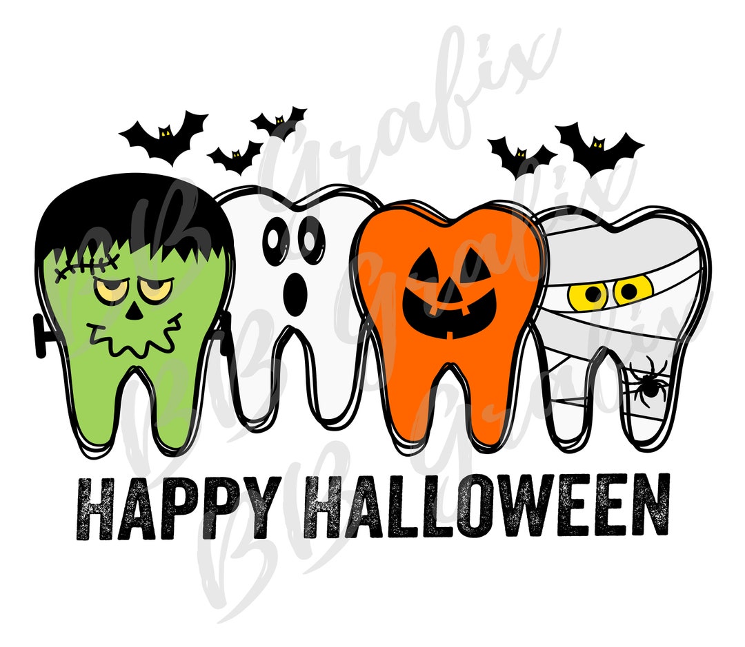 Digital Png File Dentist Happy Halloween Teeth Ghost Pumpkin Mummy Clip Art Printable Sticker