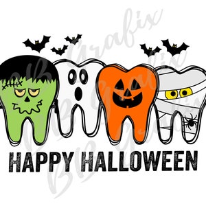 Archivo PNG digital Dentista Feliz Halloween Dientes Fantasma Calabaza Momia Clip Art Imprimible Tobogán de agua Diseño de sublimación DESCARGA INSTANTÁNEA