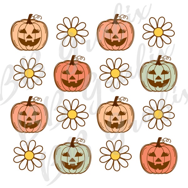 Digital Png File Fall Jack-o-Lanterns and Daisies Daisy Pumpkin Autumn Printable Dtf Waterslide  Sublimation Design INSTANT DOWNLOAD