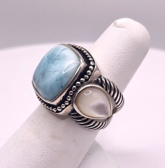 Vintage Sterling Silver Ring with Larimar and Mot… - image 2