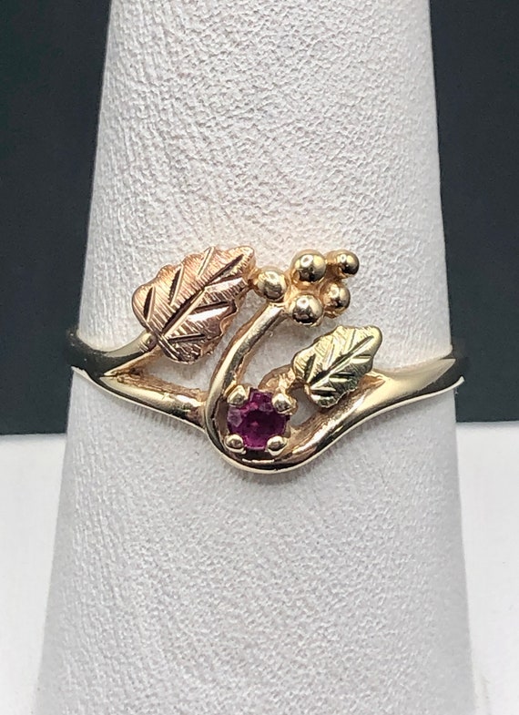 Vintage 10K Black Hills Gold and Garnet Ring in G… - image 4
