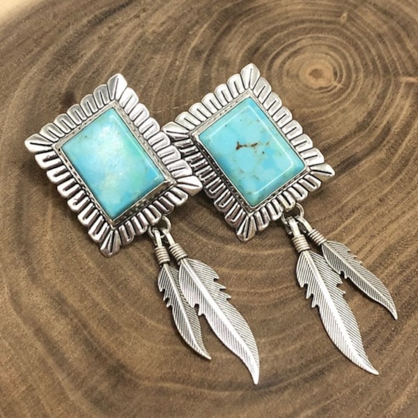 Vintage Quoc Turquoise Sterling Silver and Turquoise Earrings With Feathers Large