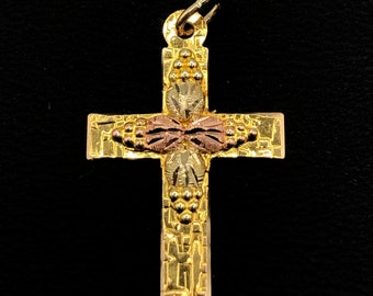 Lovely Vintage Landstrom 10K Black Hills Gold Cross Pendant in Grape and Leaf Motif