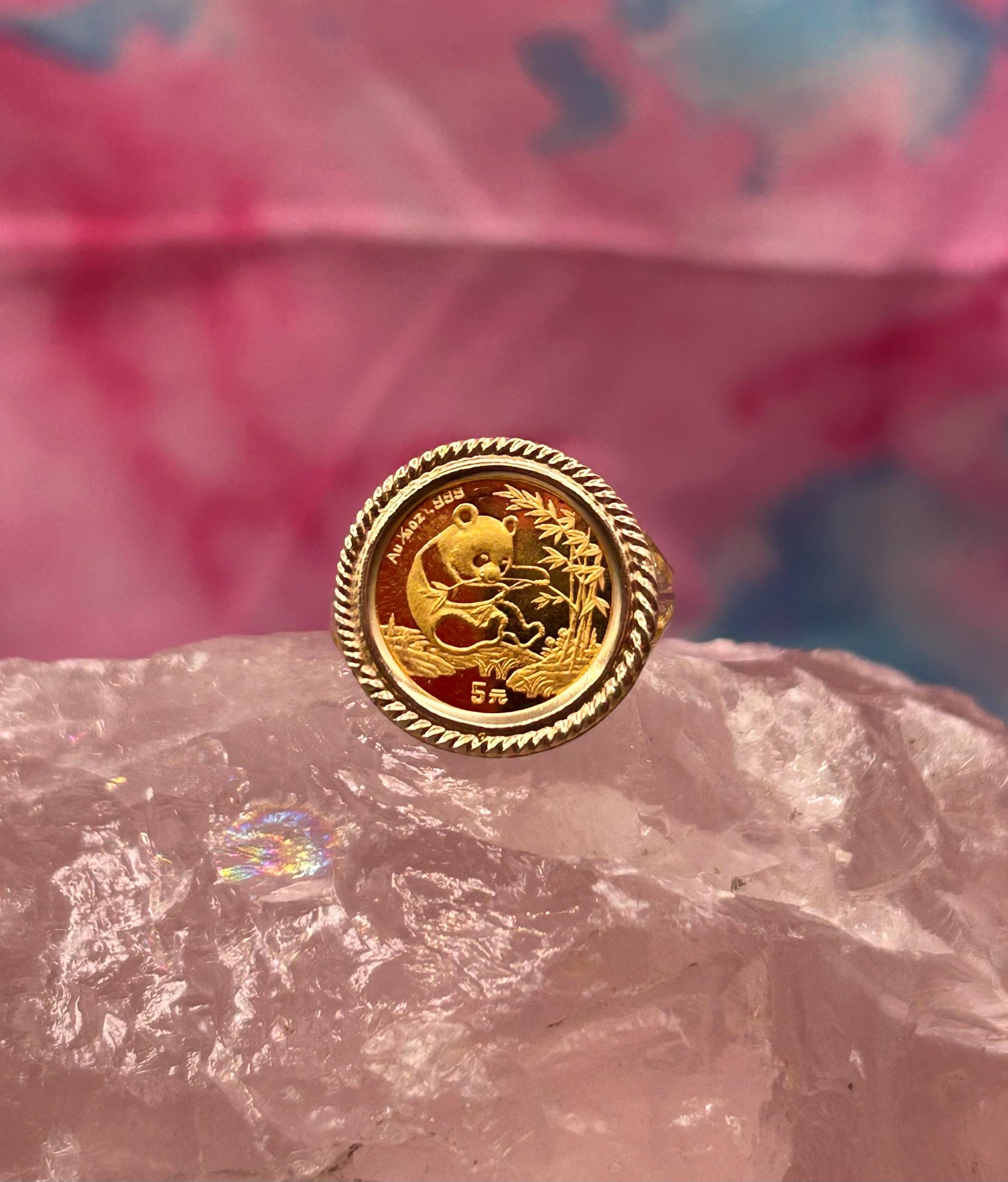 VINTAGE 1994 5 Yuan .999 Pure 1/20 Oz Gold Panda Coin Ring With