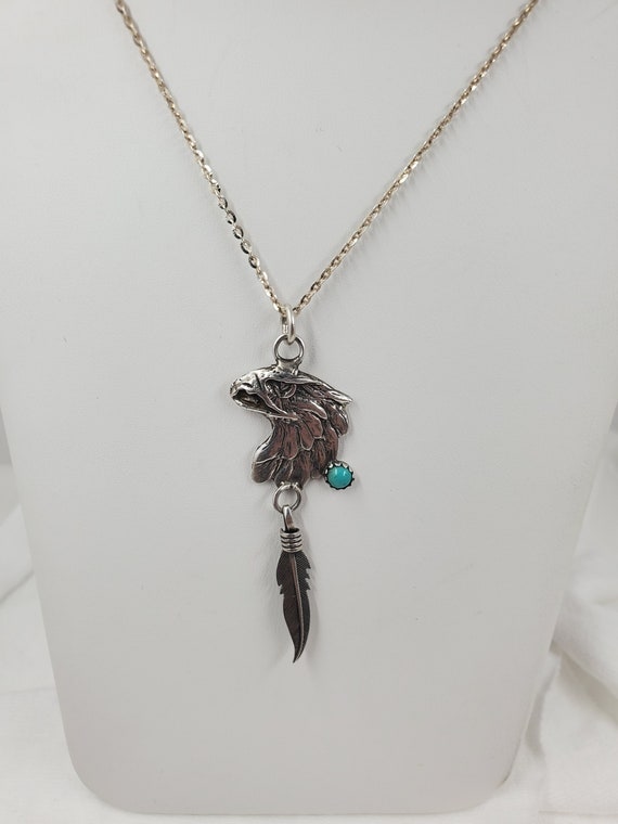 Vintage Etched Navajo Eagle Head Feather Sterling Silver Light 