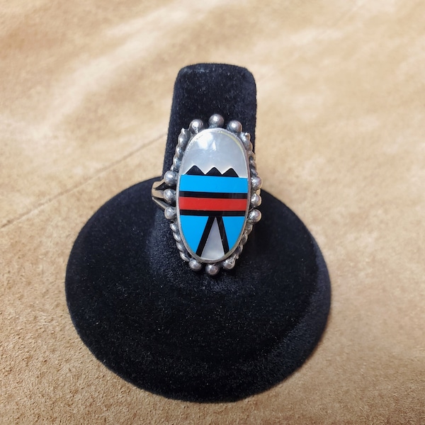 Vintage Signed Zuni Inlay Ring Mother of Pearl MOP Blue Turquoise Red Coral Black Onyx Sterling Silver 925 Size 7