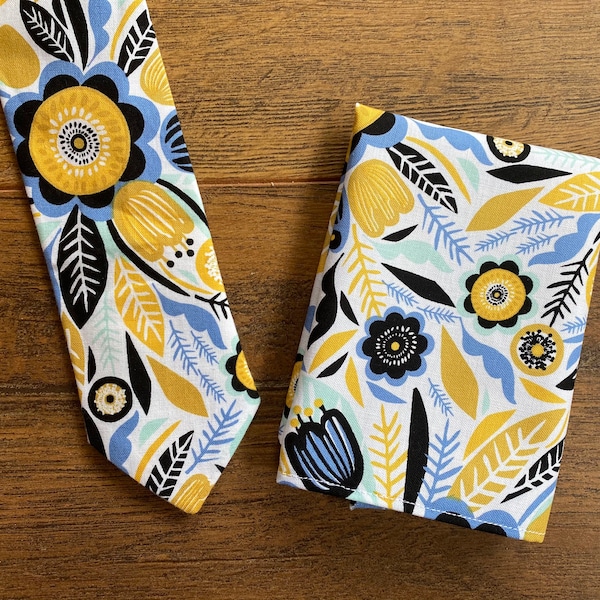 Skinny tie-Floral Tie-Yellow and Blue Tie-Classic Tie-Mustard Yellow Tie- Flower Tie-Free Shipping-Suit and Tie-Tie and Pocket Square