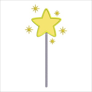 May include: A yellow star-shaped wand with a silver stick and five small yellow stars around it.