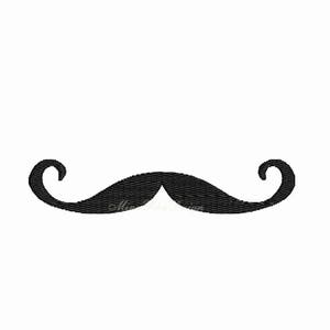 May include: A black embroidered mustache design on a white background. The mustache has curved ends and a textured appearance, suitable for various craft projects or apparel.