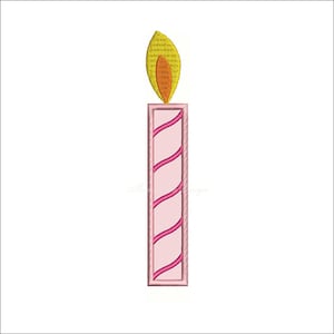 May include: A pink and white striped candle with a yellow and orange flame. The candle is a birthday candle.