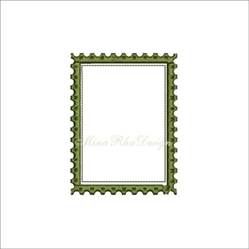 May include: A green postage stamp design with a white interior and a decorative border. The stamp has a rectangular shape with a dotted inner border and a scalloped edge. The text "Mina Rha Design" is visible.