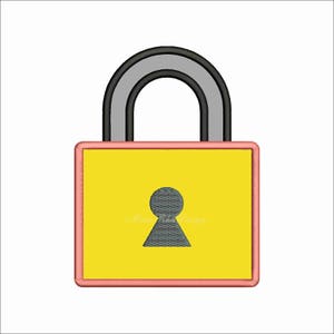 May include: A yellow padlock with a pink border and a gray keyhole. The padlock is a simple cartoon illustration.