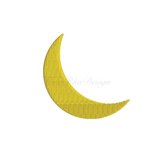 May include: A yellow crescent moon embroidery design on a white background. The moon is a curved shape with a textured, stitched appearance. The design is simple and elegant.
