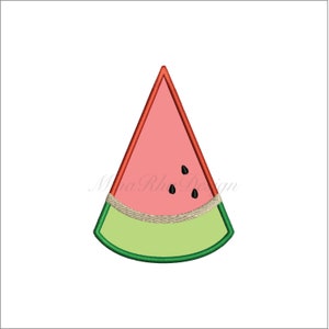 May include: A green and red watermelon slice with black seeds. The watermelon is a summer fruit and is often used in desserts and drinks.