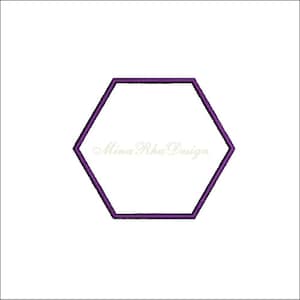 May include: A purple hexagon frame. The text "Mina Rha Design" is inside the frame.