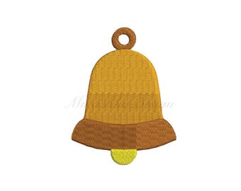 Puede incluir: Diseño de campana bordada en tonos dorados y marrones, con un pequeño badajo amarillo. La campana tiene un lazo en la parte superior para colgar. El diseño es probablemente para proyectos de bordado, parches o apliques.