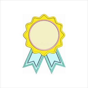 May include: A yellow award ribbon with a blank circle in the center and two blue ribbons tied at the bottom.