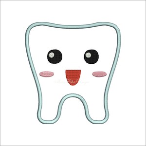 May include: A cartoon tooth with a happy face. The tooth is white with a light blue outline. The eyes are black with white pupils. The mouth is open with a red tongue sticking out. The cheeks are pink.