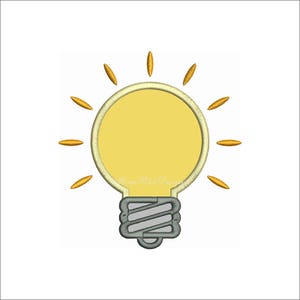 May include: A yellow light bulb with a gray base and a spiral filament. The bulb is surrounded by eight gold rays.