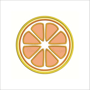 May include: A stylized orange slice with a yellow outline. The orange slice is divided into eight sections with a yellow outline around each section.