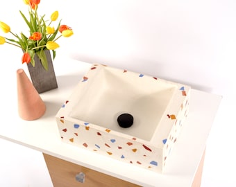 White Terrazzo Sink, Rectangular Terrazzo Washbasin, Bathroom Decor Sink, Custom Made Sink