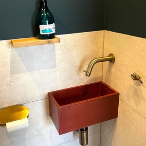 May include: A modern bathroom setup featuring a rectangular, red sink with a brass faucet. A green bottle sits on a wooden shelf above the sink. The walls are a combination of light beige and dark teal.