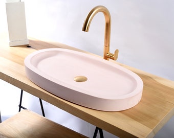 Concrete Long Sink With An Elegantly Low Profile , Pink Bathroom Vessel , Pink Color Sink,Handmade Concrete Sink , Industrial Style Sink