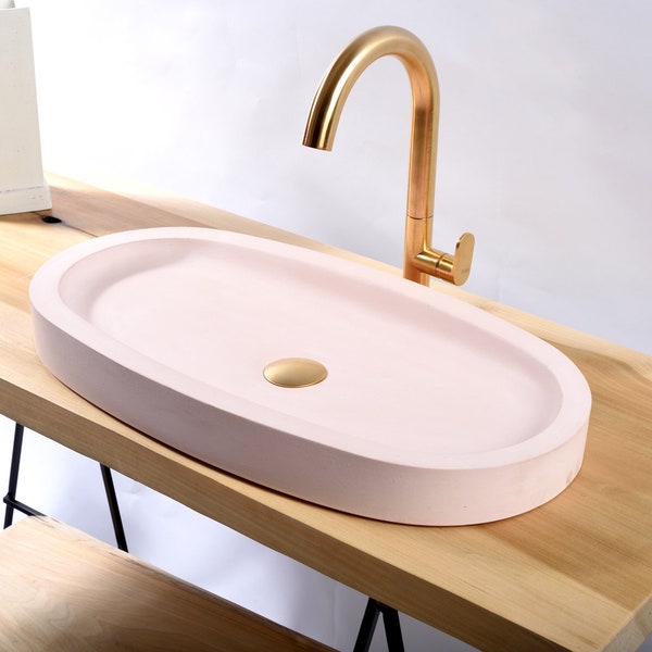 Concrete Long Sink With An Elegantly Low Profile , Pink Bathroom Vessel , Pink Color Sink,Handmade Concrete Sink , Industrial Style Sink