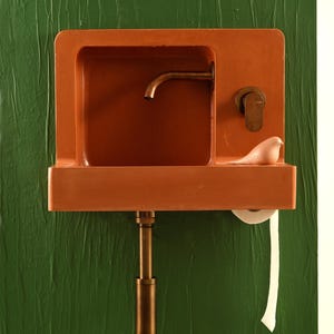 May include: A wall-mounted terracotta-colored sink featuring a bronze faucet and handle. A small, light pink bird figurine sits on the flat edge next to the handle. A metal drain pipe extends downward, and a white toilet paper roll hangs below the basin.
