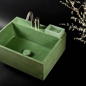QO Series Large Concrete Bathroom Sink in Olive Leaf Green | Rectangular Vanity Basin with Rear Faucet Deck | Includes Matching Custom Tray