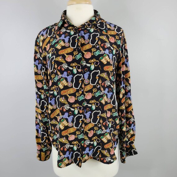 Vintage Edward Silk Victorian Novelty Print Blouse