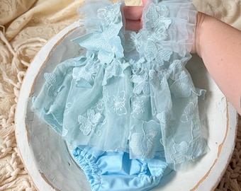 Vestido de mariposa para fotografía, vestido de encaje para recién nacido, vestido azul para niñera, vestido para fotografía