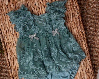 Brooke Teal Sitter Photo Prop Outfit, Sitter Set, Photography Prop Dress, Romper, Vintage Style Set, Boho Sitter Set