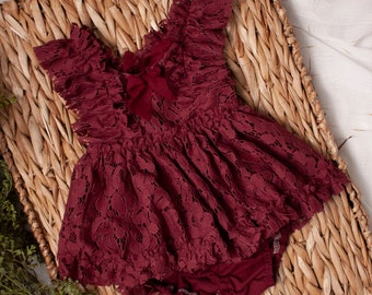 Vestido de utilería fotográfica carmesí, conjunto de niñera, vestido de utilería de fotografía, romper, conjunto de estilo vintage, conjunto de niñera boho, recién nacido