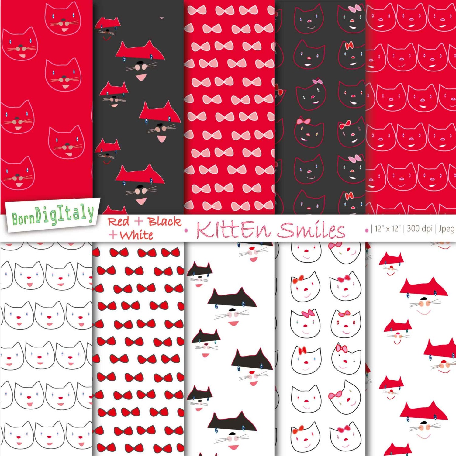 Love Cats digital paper pack, cats wrapping paper, cute cats