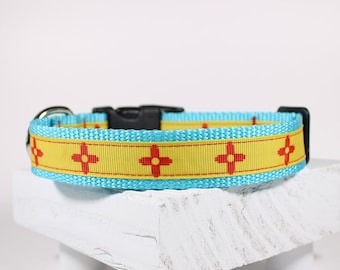 Zia New Mexico Dog Collar, Turquoise Zia Collar, Red And Yellow Zia Dog Collar, 1 Inch, New Mexico Flag Collar, Adjustable Dog Collar