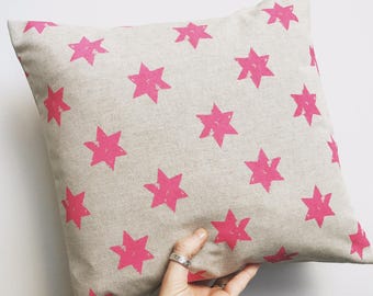 Handmade Hot Pink Star Print Linen Cushion: Modern Throw Pillow