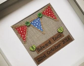 Personalized Baby Boy Keepsake Frame, Nursery Decor, Hand Stitched Bunting